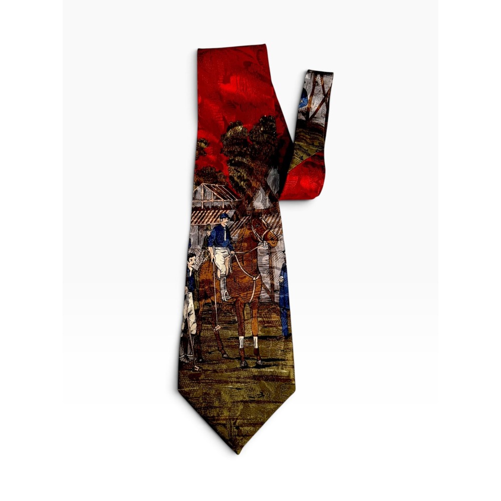 Beverly Hills Polo Club Vintage Silk Tie Equestrian Horse Scene preppy red brown